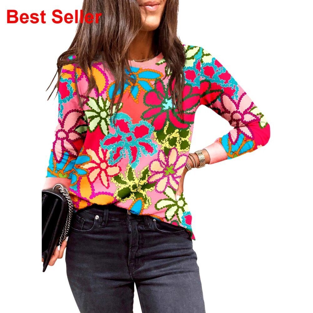 Long Sleeve Crewneck T-Shirt Polka Dot Loose Fit Casual Top